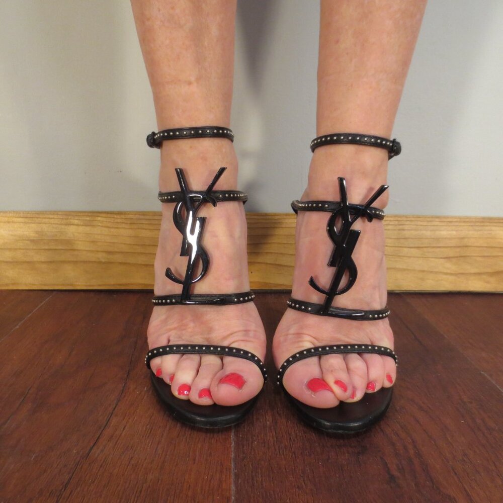 SAINT LAURENT Black Studded CASSANDRA High Heel Sandals - Picture 3 of 15
